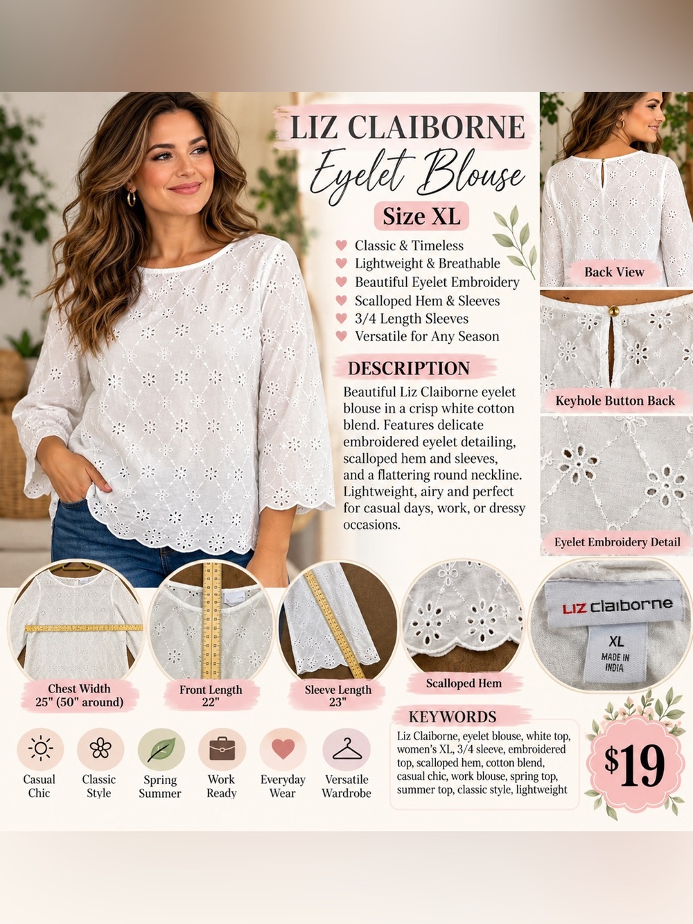 Liz Claiborne Eyelet Floral Blouse White XL